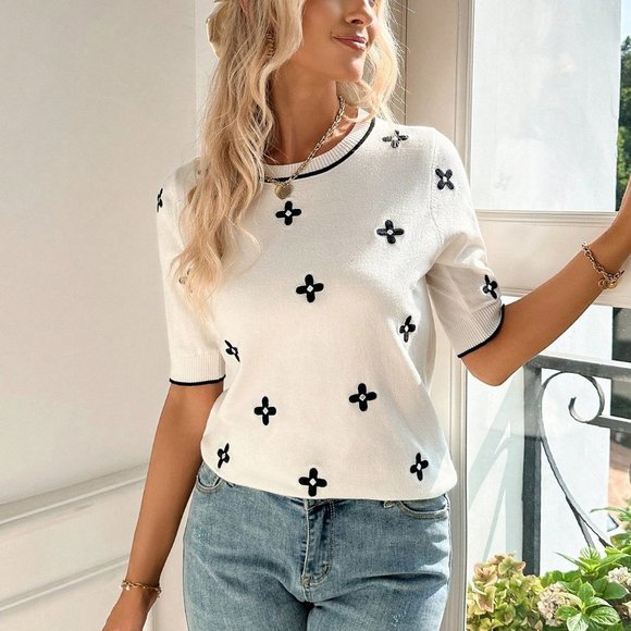 Beige Preppy Womens Floral Pattern Striped Trim Knit Top - Picture 5 of 5